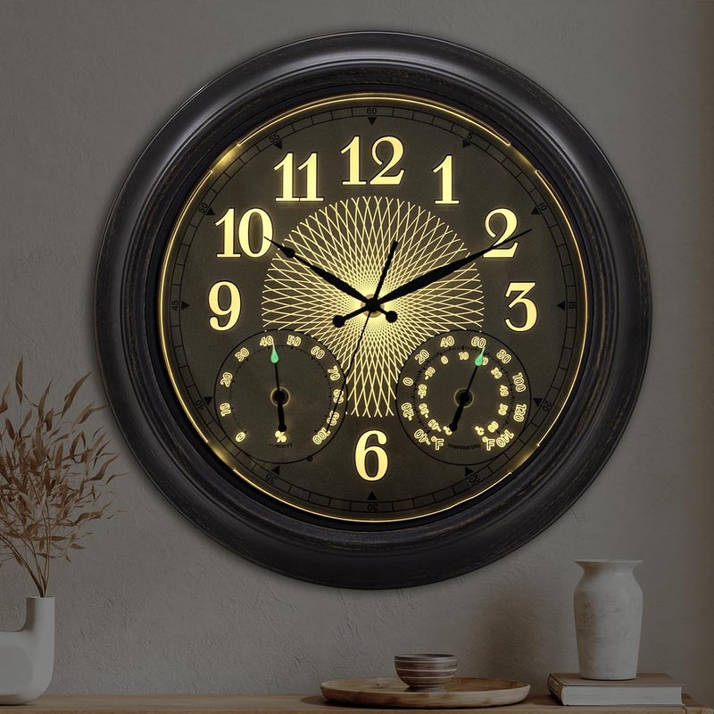 NESIFEE 18 Inch Illuminated Indoor Outdoor Clock Waterproof with Thermometer Hygrometer Smart Sensor Large Black Metal Wall Clocks Battery Operated for Patio, Garden, Living Room, Bedroom, Pool, Porch - Image 2